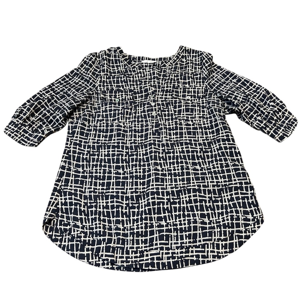 41 Hawthorn Navy White Grid Print 3/4 Sleeve Split Neck Blouse Large